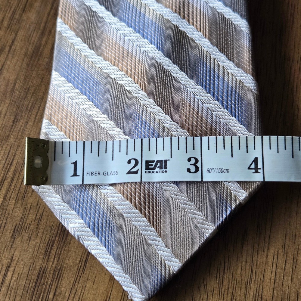 Paul Dione Mens Silk Tie Silver Champagne Blue Diagonal Stripe Herringbone Woven - Picture 2 of 4